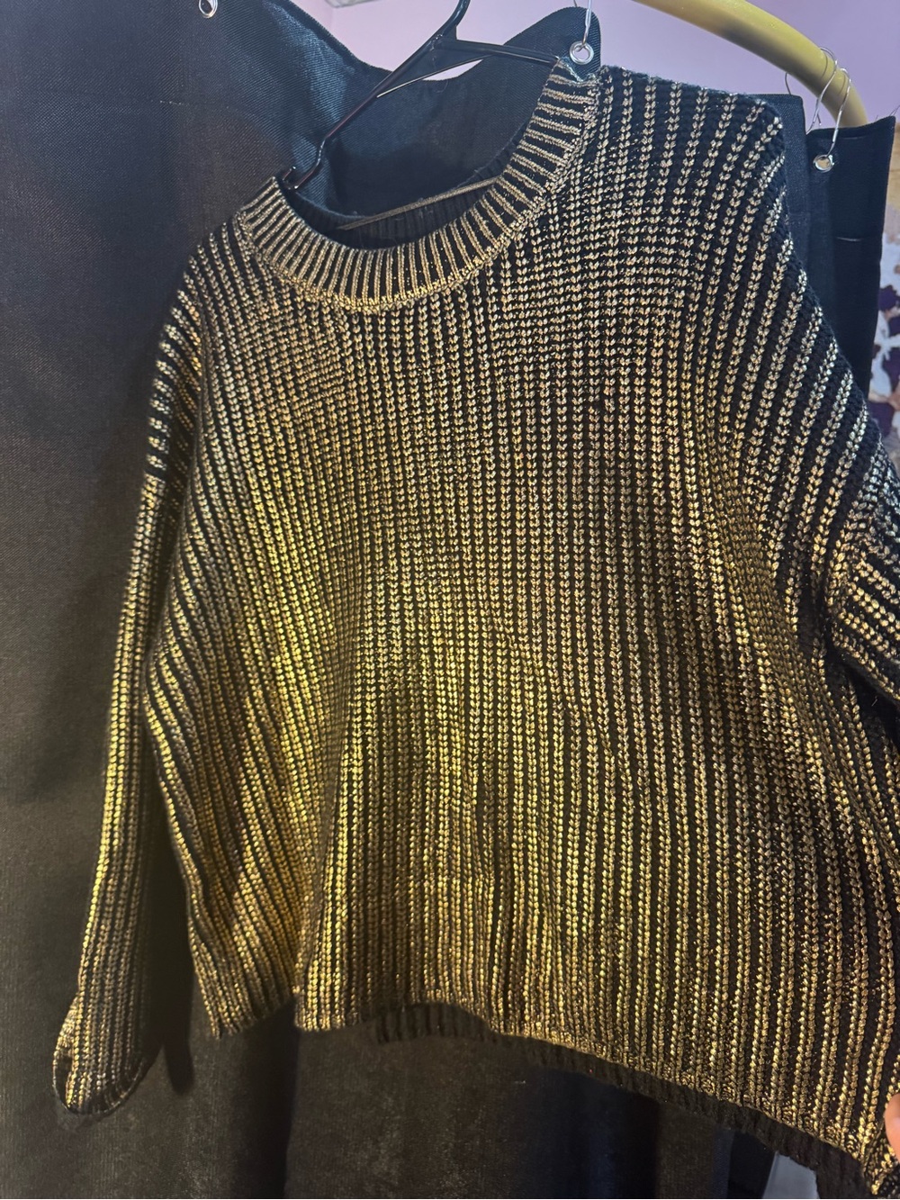 Metallic Black & Gold Ribbed Knit Sweater - Women